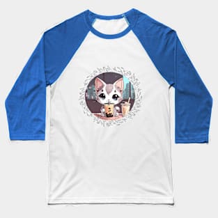 Cute grey and white cartoon cat drinking Boba Baseball T-Shirt
